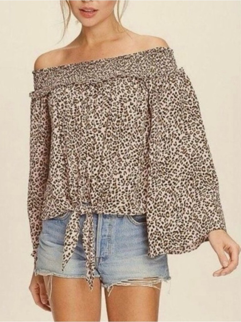 Free People Movement Top Womens Size L Cheetah Smocked Off Shoulder Bell Sleeve